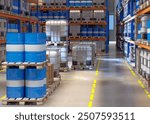 Chemical warehouse. Barrels inside storage building. Warehouse with toxic products. Interior storeroom chemical plant. Manufactory storage area. Chemical warehouse with multi-tiered racks. 3d image