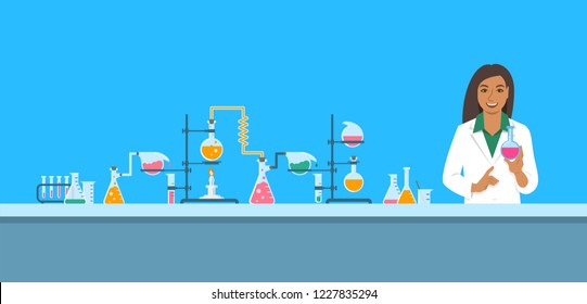 Chemist In Chemical Laboratory. Flat Background.  Cartoon Horizontal Banner. Indian Woman Scientist In White Coat Holds Flask With New Medicine Near Pharmaceutical Equipment. Medical Research