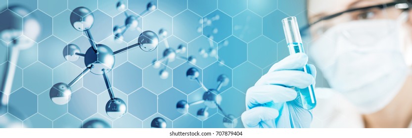 chemist holding a test-tube in molecular background, 3d illustration