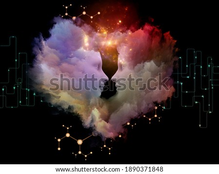 Chemistry Between Us. Couples faces surrounded by abstract molecular structure, network elements and heart-shaped fractal clouds on subject of love and artificial intelligence.