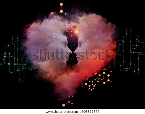 Chemistry\
Between Us. Couples faces surrounded by abstract molecular\
structure, network elements and heart-shaped fractal clouds on\
subject of love and artificial\
intelligence.