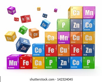 Chemistry Concept. Wall From Cubes Wiyh Periodic Table Of Element. 3d