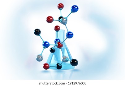 Chemistry flask with molecules model. 3d illustration		