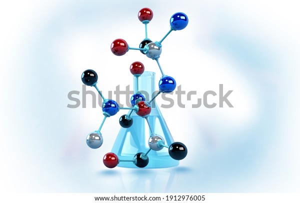 Chemistry\
flask with molecules model. 3d\
illustration		