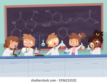 Chemistry Lab. Science Boy And Girls Teenager Learning Research Processes Characters Cartoon Background