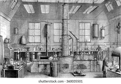 Chemistry Laboratory At The Ecole Normale In Paris, Vintage Engraved Illustration. Magasin Pittoresque 1870.
