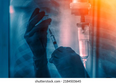 Chemotherapy Drug Treatment Cancer Lung Film X-ray.Medical Holding Syringe Needle Hypodermic Injection  Iv Saline Drip Vitamin Doctor Vaccine  Covid 19 Coronavirus Monkeypox 3d Illustration Rendering.