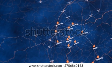 Chengdu map big data visualization. Futuristic map infographic of city in China. Visual map data complexity in modern blue and orange colors. 3D Illustration