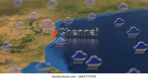 Chennai City And Rainy Weather Icon On The Map, Weather Forecast Related  3D Rendering