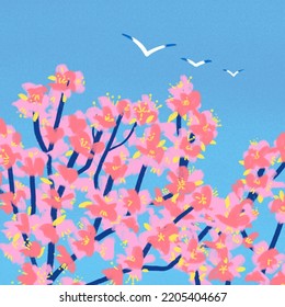 Cherry Blossom Blooming Again Blue Sky And White Birds Flying 