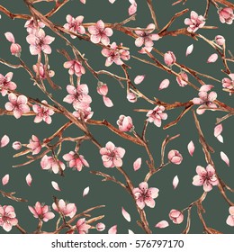 Cherry blossom,Watercolor illustration,spring,card for you,handmade, flowers, twigs, buds, petals,seamless pattern,dark background