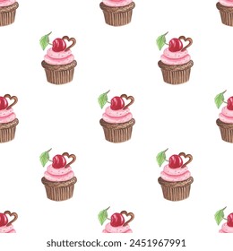Cherry dessert seamless pattern, iced cupcake with pink cream, cherry-chocolate cake. Berry with a leaf. Watercolor illustrations for the textile, wallpaper, menu, scrapbooking, wrapping paper