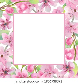 Cherry flowers, leaves and buds. Square frame with empty place for text. Wedding invitation, party, mom's day card, birthday, womens day. Watercolor, freehand. - Powered by Shutterstock