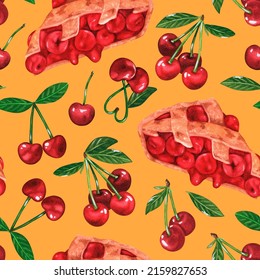 Cherry Pie Seamless Pattern. Watercolor Illustration. Isolated On A Yellow Background. For Design.
