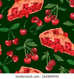 Cherry Pie Seamless Pattern. Watercolor Illustration. Isolated On A Green Background. For Design.