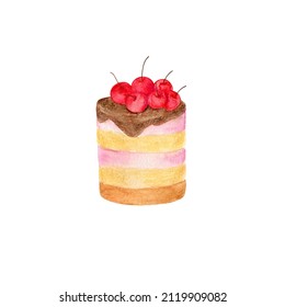 Cherry Pie. Watercolor Illustration Handmade Art,  Isolated On White Background