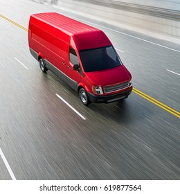 Cherry Red Commercial Van On Highway Motion Blurred 3d Illustration Background