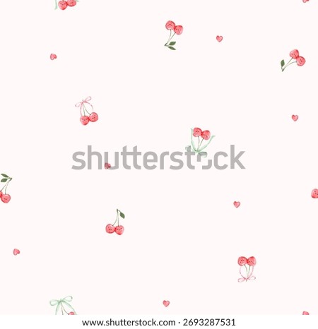 CHERRY RIBBON HEART CUTE PATTERN SEAMLESS ILLUSTRATION