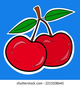 Cherry Sticker, Cherry Illustration, Cherry Sticker On Blue