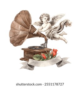 Cherub angel flying next to vintage gramophone, ribbon for text with red roses and leaves. Watercolor illustration in festive style, suitable for wedding, Valentine's Day, anniversary, cards, posters - Powered by Shutterstock