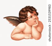 Cherub, vintage angel illustration. Beautiful vintage angel illustration. Vintage cherub thinking angel with bird wings art drawing illustration, angel cherub portrait old painting art print.