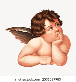 Cherub, vintage angel illustration. Beautiful vintage angel illustration. Vintage cherub thinking angel with bird wings art drawing illustration, angel cherub portrait old painting art print.