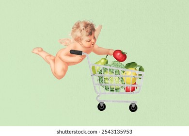 A cherub with wings flies, pushing a shopping cart filled with fruits and vegetables. The cherub, a symbol of innocence, adds whimsy to the grocery scene. Cherub with vegetables, mixed media. - Powered by Shutterstock