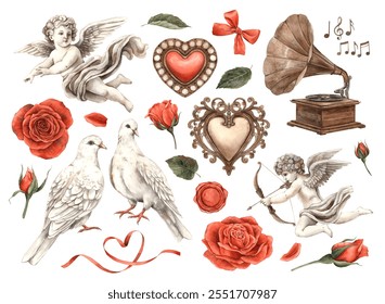 Cherubs angels, red roses, gramophone and notes, openwork hearts and ribbon. Watercolor set of illustrations drawn in vintage style, for design Birthday, wedding, Valentine's Day, invitations, cards - Powered by Shutterstock