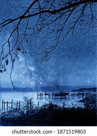 Chesapeake Bay, Boat And Piers, Night Sky, Illustration