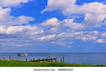 Chesapeake Bay Fishing Pier, Boat, Clouds, Blue Sky