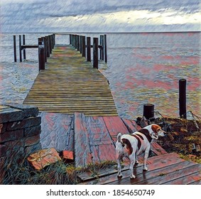 Chesapeake Bay, Fishing Pier And Dog