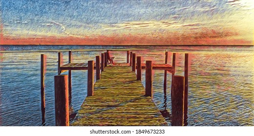 Chesapeake Bay Fishing Pier At Sunrise, Illustration