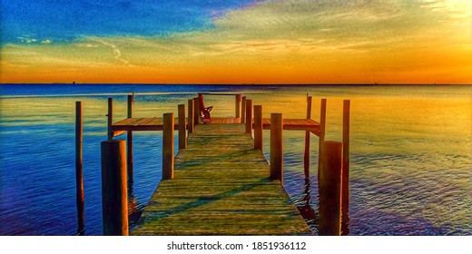 Chesapeake Bay Fishing Pier At Sunrise, Illustration