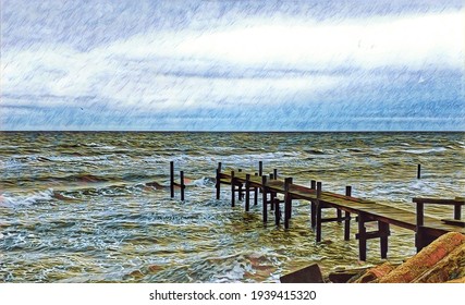 Chesapeake Bay Fishing Pier And Waves, Illustration 