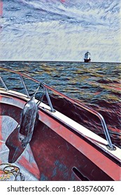 Chesapeake Bay And Lighthouse, View From Boat, Illustration 