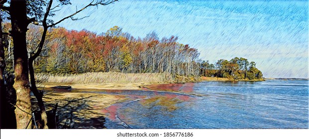 Chesapeake Bay Shoreline, Autumn, Illustration