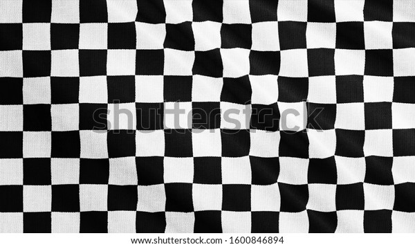 Chess design or race flag, black\
and white fabric cloth is waving. Wavy monochrome background.\
