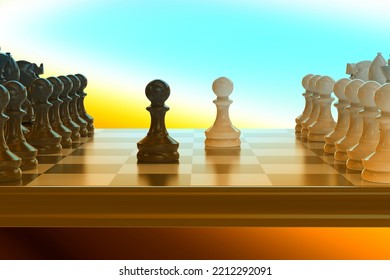 Chess Game, 3D Illustration. Sicilian Defence Chess Opening