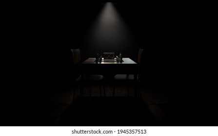 A Chess Game Setup On A Table With Opposing Chairs In A Dark Room Lit By A Single Overhead Light - 3D Render