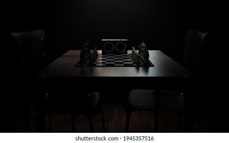 A Chess Game Setup On A Table With Opposing Chairs In A Dark Room Lit By A Single Overhead Light - 3D Render