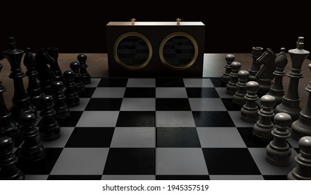 A Chess Game Setup On A Table With Opposing Chairs In A Dark Room Lit By A Single Overhead Light - 3D Render