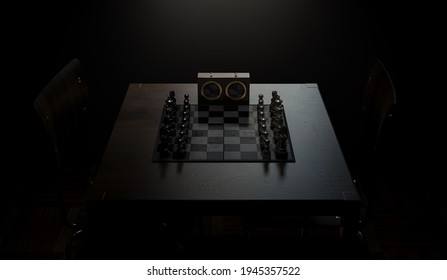 A Chess Game Setup On A Table With Opposing Chairs In A Dark Room Lit By A Single Overhead Light - 3D Render