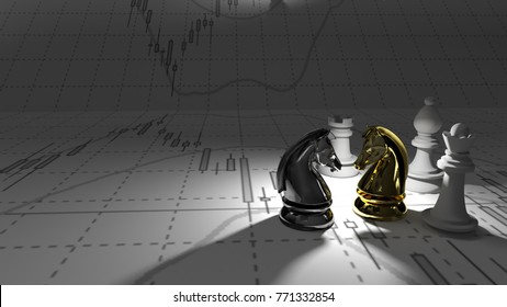   Chess horse golden and silver 3D illustration candlestick graph stock market gold stock exchange graph and financial investor money background investment and money chart indicator copy space minimal