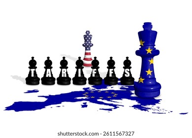 Chess made from EU and US flags. Europe Union and America trade, duty, customs and tariffs war