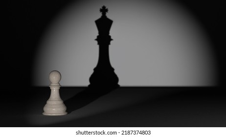 A chess pawn that is illuminated and has the shadow of a chess king behind it, a success concept for young employees to create a shadow board in their career path, 3D illustration - Powered by Shutterstock