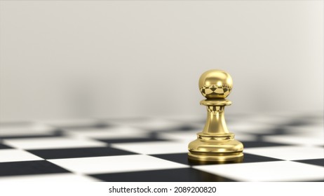 Chess Piece On A Chessboard. Gold Pawn Standing Alone On Chessboard. The Chosen One. The Best  Winner. 3d Render.