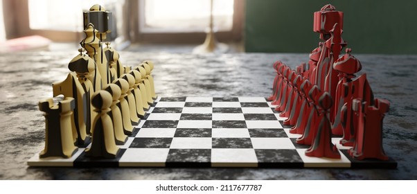 Chess Pieces. 3D Render. Game, Strategy, Management, Leadership Playing For Development And Perseverance Business