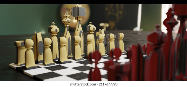 Chess Pieces. 3D Render. Game, Strategy, Management, Leadership Playing For Development And Perseverance Business