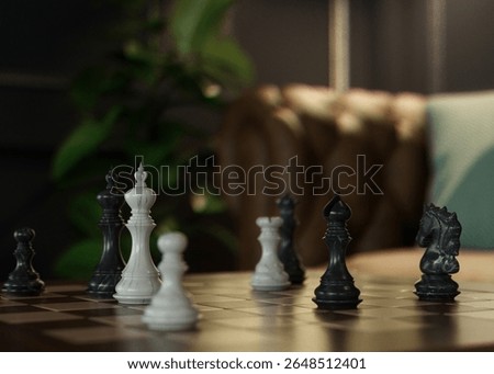 A chess set in the foreground of a dimly lit cigar room with a leather sofa on a dark wooden panelled wall - 3D render
