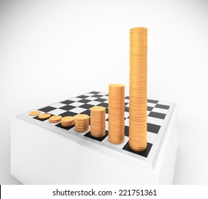 Chessboard with growing height coins stacks - exponential growth and compound interest concept
